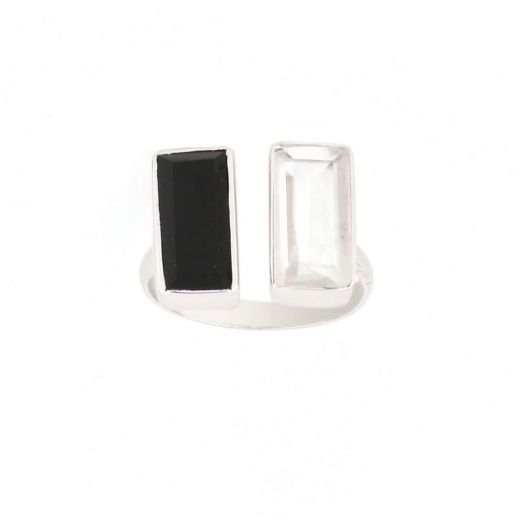 925 Sterling Silver ring rhodium plated with Black Onyx and Crystal