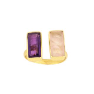 925 Sterling Silver ring gold plated with Amethyst and rose chalcedony (13x7mm)