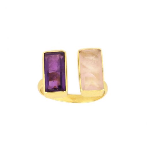 Χειροποίητο ασημένιο δαχτυλίδι επιχρυσωμένο με αμέθυστο και ροζ χαλαζία (13x7mm)