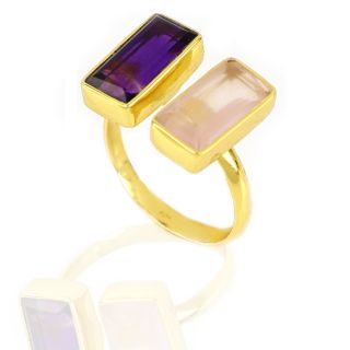 925 Sterling Silver ring gold plated with Amethyst and rose chalcedony (13x7mm) - 