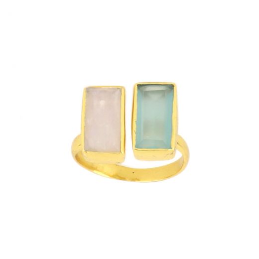 925 Sterling Silver ring gold plated with Rainbow Moonstone and Aqua Chalcedony