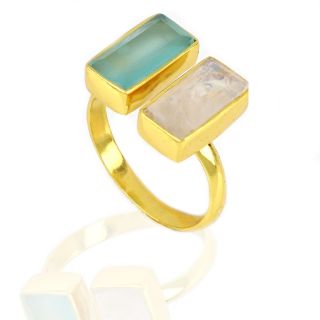 925 Sterling Silver ring gold plated with Rainbow Moonstone and Aqua Chalcedony - 