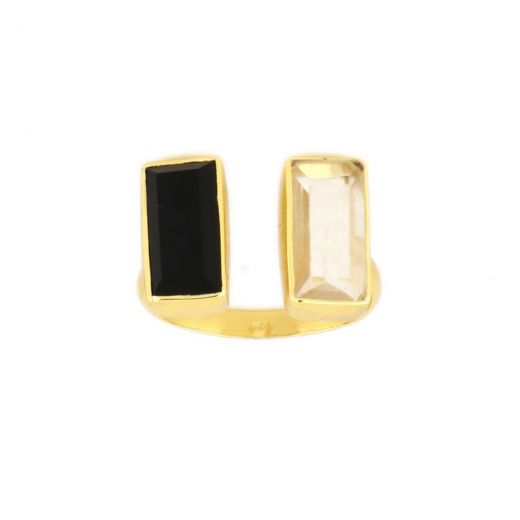 925 Sterling Silver ring gold plated with Black Onyx and Crystal