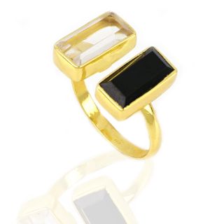 925 Sterling Silver ring gold plated with Black Onyx and Crystal - 
