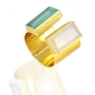 925 Sterling Silver ring gold plated with Aqua Chalcedony  and Rainbow Moonstone (15x8mm) - 