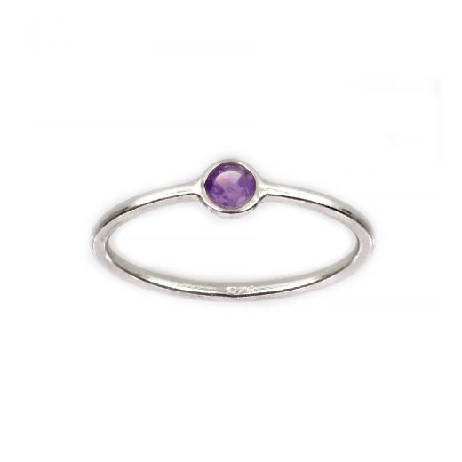 925 Sterling Silver ring rhodium plated with round Amethyst