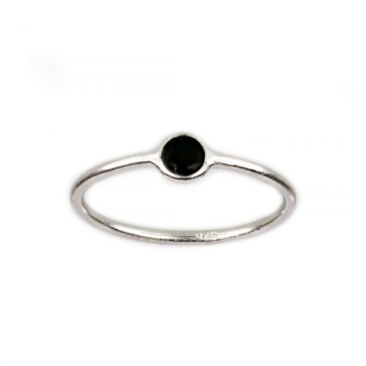 925 Sterling Silver ring rhodium plated with round Black Onyx