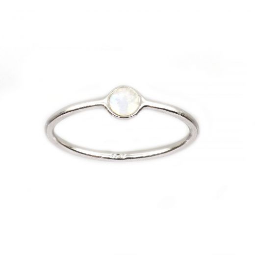 925 Sterling Silver ring rhodium plated with round Rainbow Moonstone