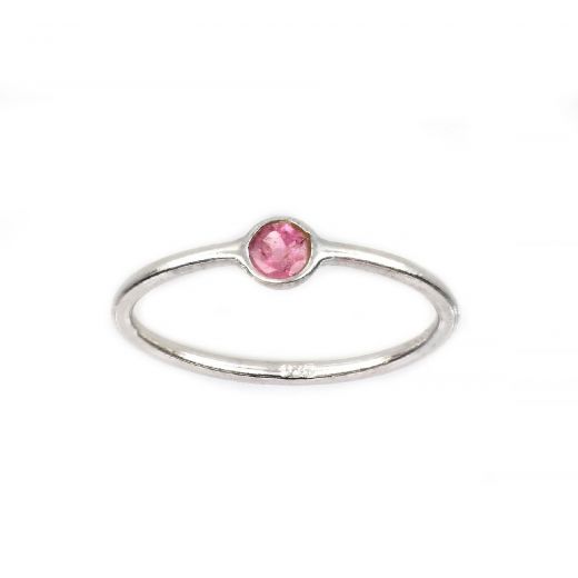 925 Sterling Silver ring rhodium plated with round Tourmaline