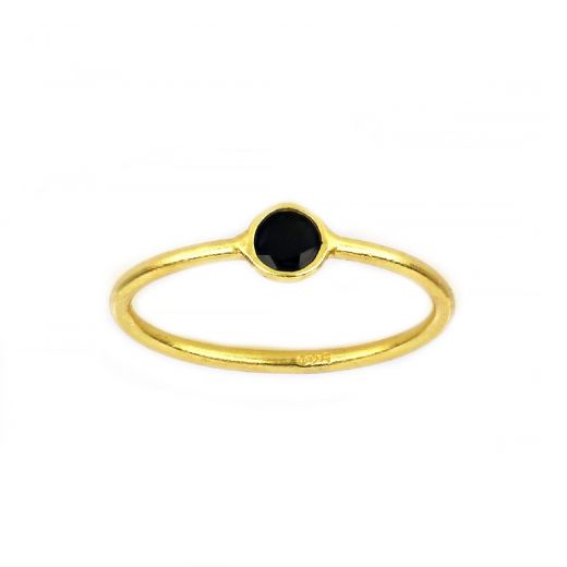 Χειροποίητο ασημένιο δαχτυλίδι επιχρυσωμένο με στρογγυλό μαύρο όνυχα