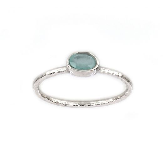 925 Sterling Silver ring rhodium plated with oval Aqua Chalcedony (7x5mm)