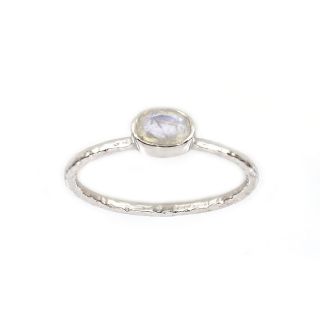 925 Sterling Silver ring rhodium plated with oval Rainbow Moonstone (7x5mm)