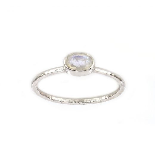 925 Sterling Silver ring rhodium plated with oval Rainbow Moonstone (7x5mm)