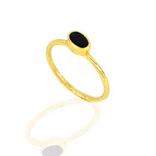 925 Sterling Silver ring gold plated with oval Black Onyx (7x5mm)
