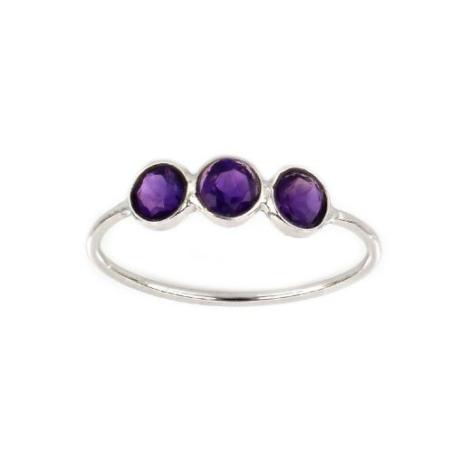 925 Sterling Silver ring rhodium plated with three round stones of African Amethyst