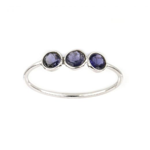 925 Sterling Silver ring rhodium plated with three round stones of Iolite