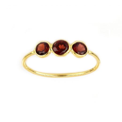 925 Sterling Silver ring gold plated with three round stones of Garnet
