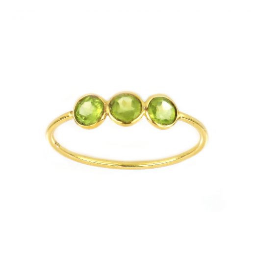 925 Sterling Silver ring gold plated with three round stones of Peridot