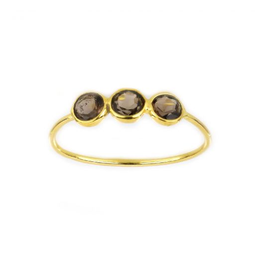 925 Sterling Silver ring gold plated with three round stones of Smoky