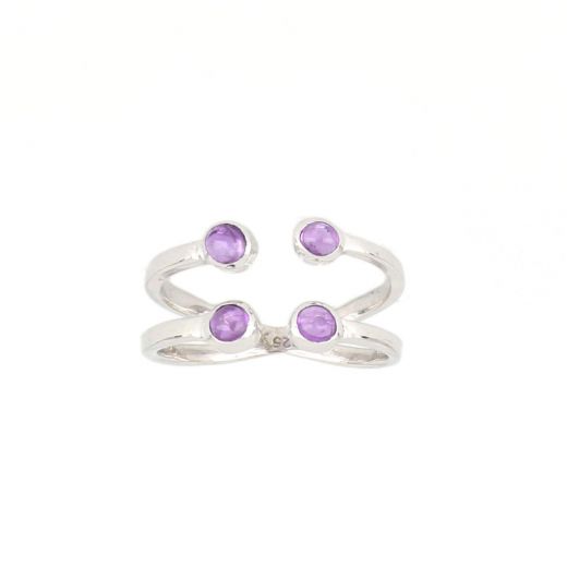 925 Sterling Silver ring rhodium plated with four round stones of dark Amethyst