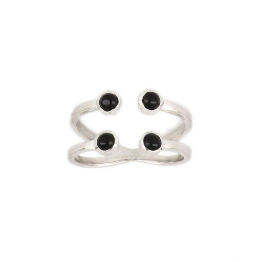 925 Sterling Silver ring rhodium plated with four round stones of Black Onyx