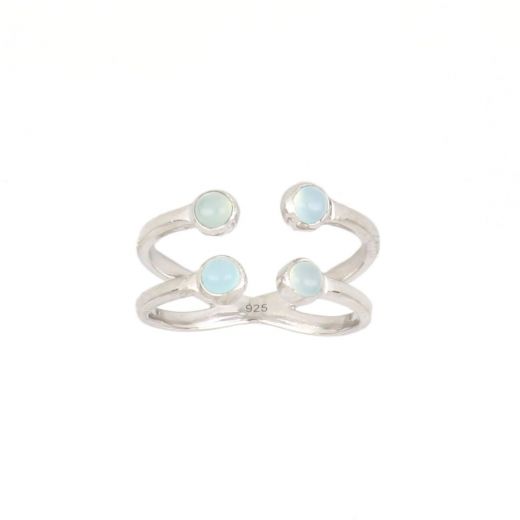 925 Sterling Silver ring rhodium plated with four round stones of Aqua Chalcedony
