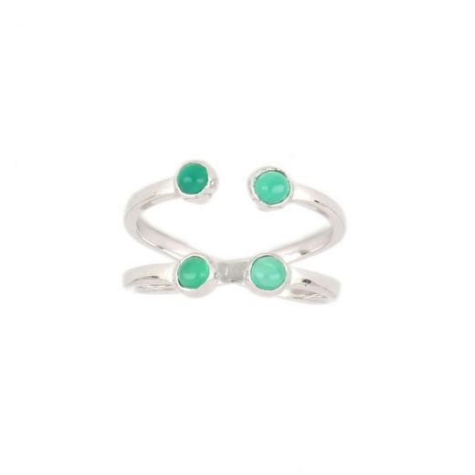 925 Sterling Silver ring rhodium plated with four round stones of Green Onyx