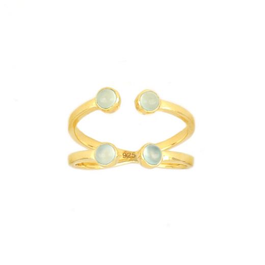 925 Sterling Silver ring gold plated with four round stones of Aqua Chalcedony