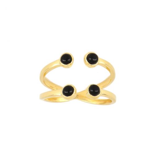 925 Sterling Silver ring gold plated with four round stones of Black Onyx