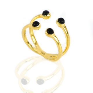 925 Sterling Silver ring gold plated with four round stones of Black Onyx - 