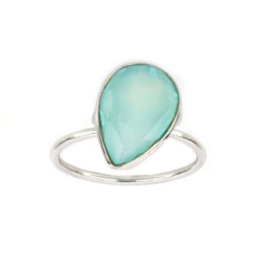 925 Sterling Silver ring rhodium plated with Aqua Chalcedony in the drop shape