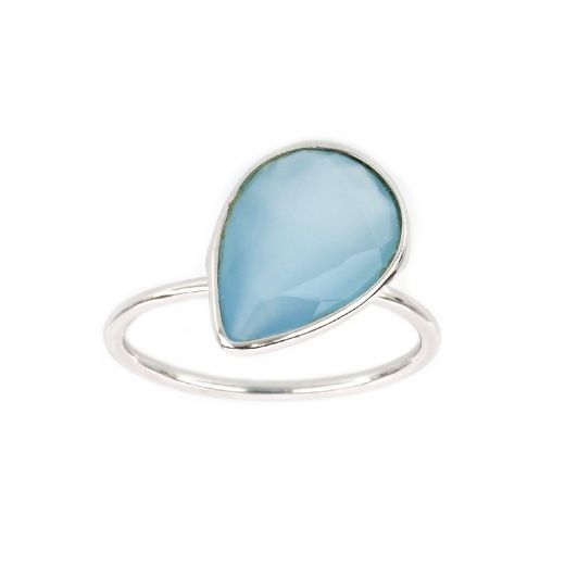 925 Sterling Silver ring rhodium plated with Blue Chalcedony in the drop shape