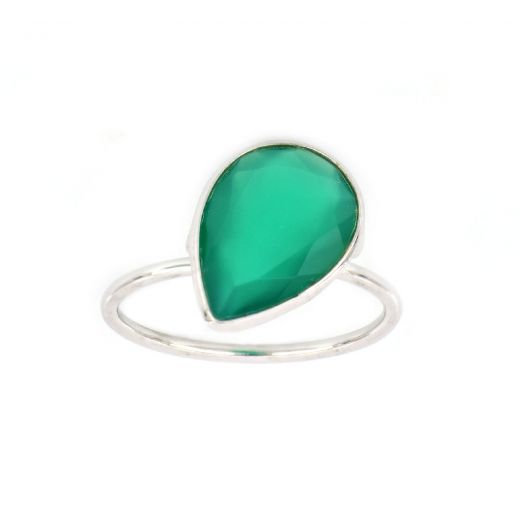 Χειροποίητο ασημένιο δαχτυλίδι επιροδιωμένο με πράσινο όνυχα σε σχήμα σταγόνας