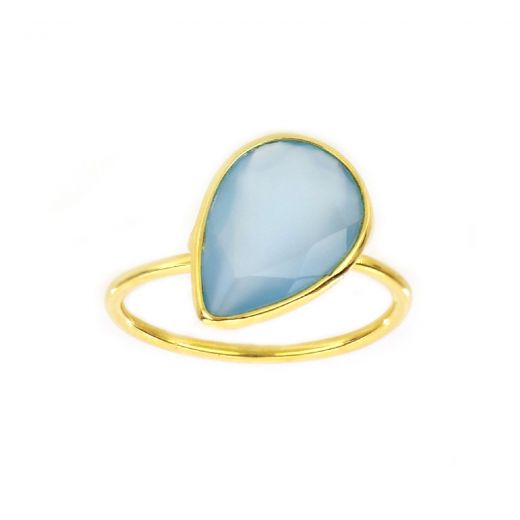Χειροποίητο ασημένιο δαχτυλίδι επιχρυσωμένο με γαλάζιο χαλκηδόνιο σε σχήμα σταγόνας