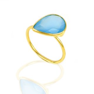 925 Sterling Silver ring gold plated with Blue Chalcedony in the drop shape - 