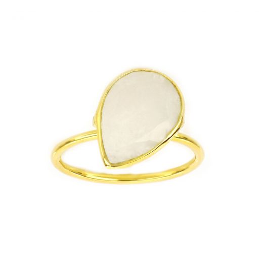 925 Sterling Silver ring gold plated with Rainbow Moonstone in the drop shape
