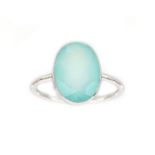 925 Sterling Silver ring rhodium plated with oval Aqua Chalcedony (14x11mm)