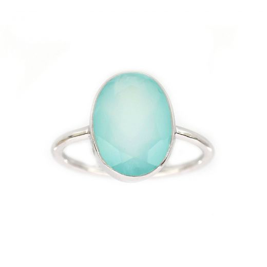 925 Sterling Silver ring rhodium plated with oval Aqua Chalcedony (14x11mm)