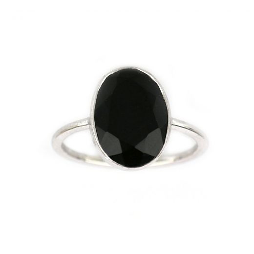 925 Sterling Silver ring rhodium plated with oval Black Onyx (14x11mm)