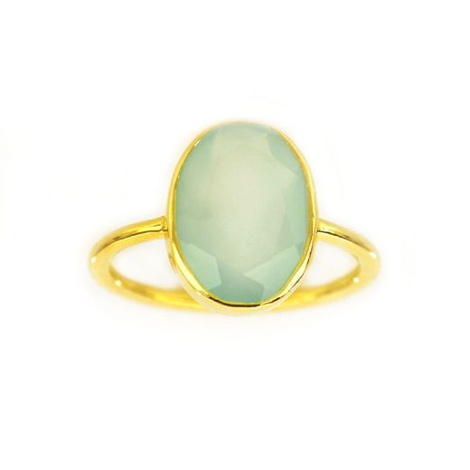 925 Sterling Silver ring gold plated with oval Aqua Chalcedony (14x11mm)