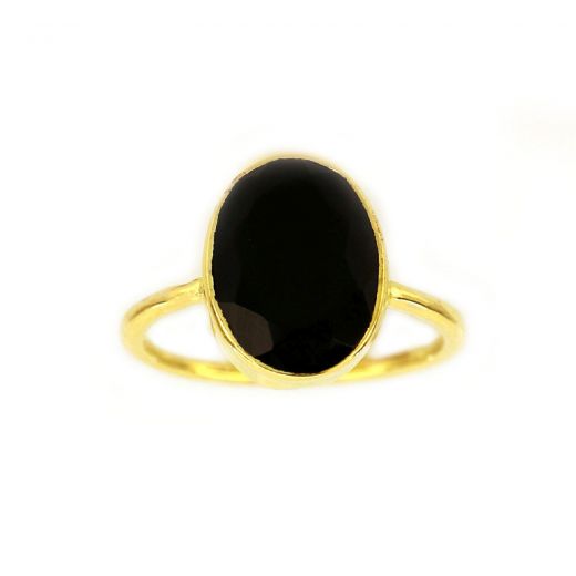 Χειροποίητο ασημένιο δαχτυλίδι επιχρυσωμένο με οβάλ μαύρο όνυχα (14x11mm)