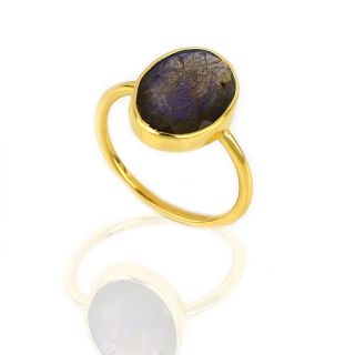 925 Sterling Silver ring gold plated with oval Labradorite (14x11mm) - 