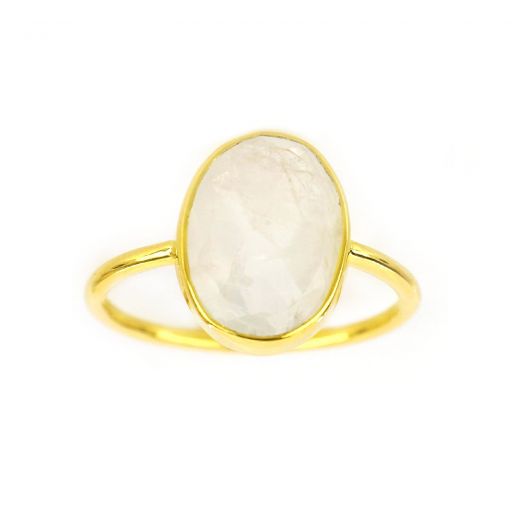 925 Sterling Silver ring gold plated with oval Rainbow Moonstone (14x11mm)