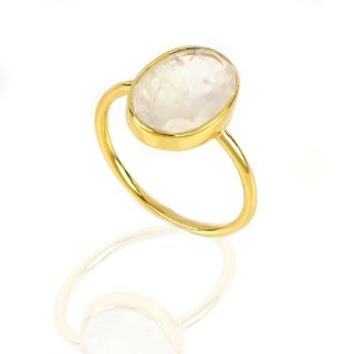 925 Sterling Silver ring gold plated with oval Rainbow Moonstone (14x11mm) - 