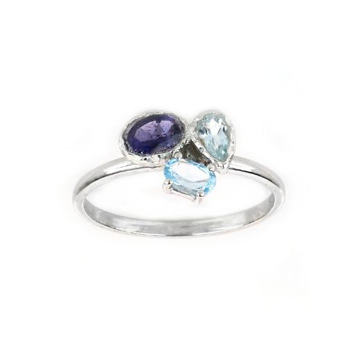 925 Sterling Silver ring rhodium plated with Iolite, Blue Topaz and Swiss Blue Topaz