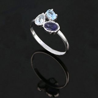 Χειροποίητο ασημένιο δαχτυλίδι επιροδιωμένο με ιολίτη, γαλάζιο τοπάζι και ελβετικό μπλε τοπάζι - 