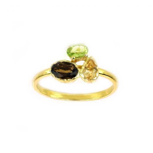 925 Sterling Silver ring gold plated with Smoky, Citrine and Peridot