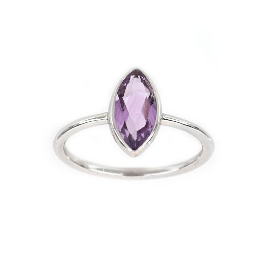925 Sterling Silver ring rhodium plated with Amethyst "navette" shape