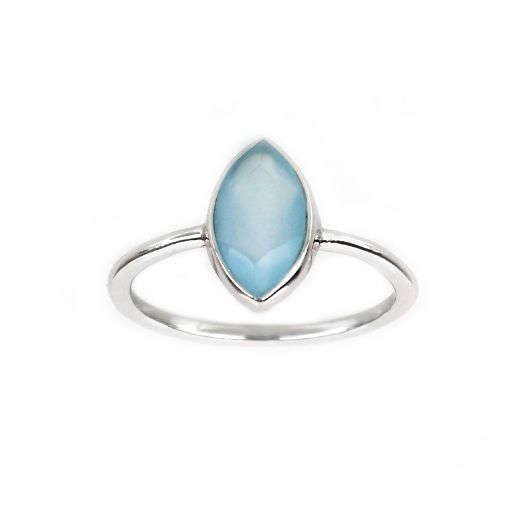 925 Sterling Silver ring rhodium plated with Aqua Chalcedony "navette" shape