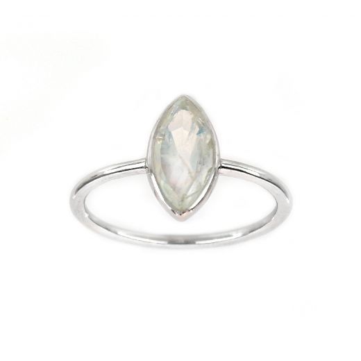 925 Sterling Silver ring rhodium plated with Rainbow Moonstone "navette" shape